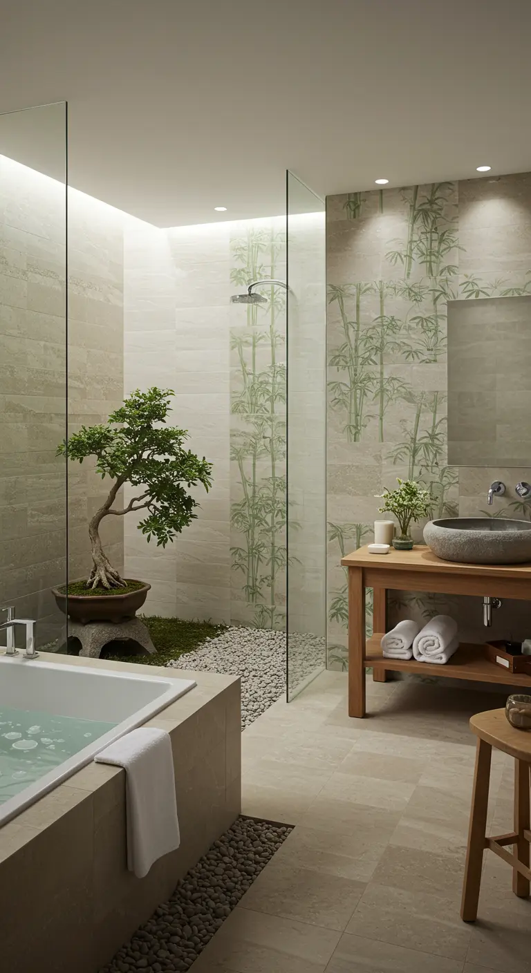 Zen badkamer met bamboe print tegels en bonsai boom