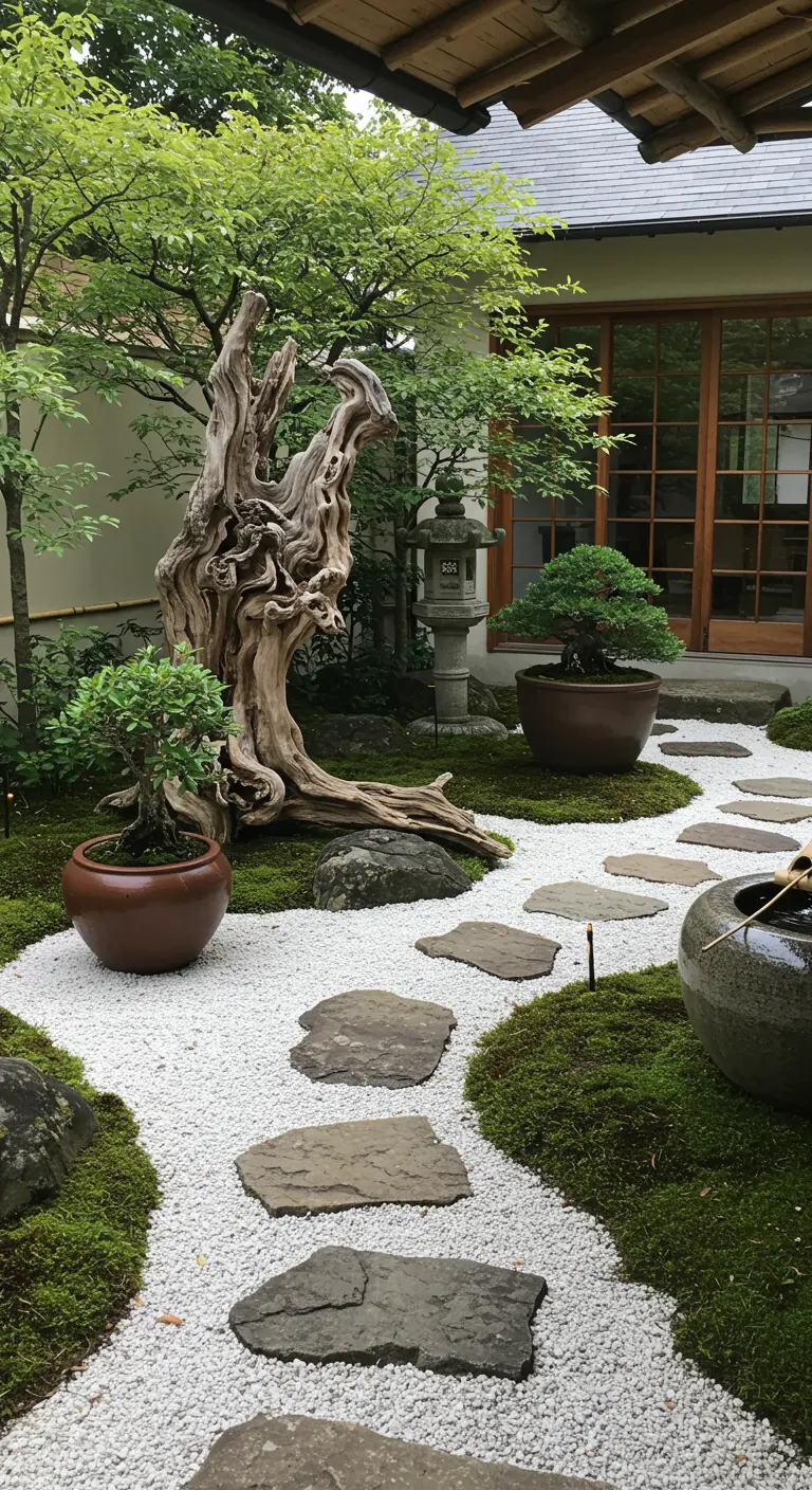Japanse tuin met wit grind, stapstenen, mos, bonsai en een grillige boomstronk.