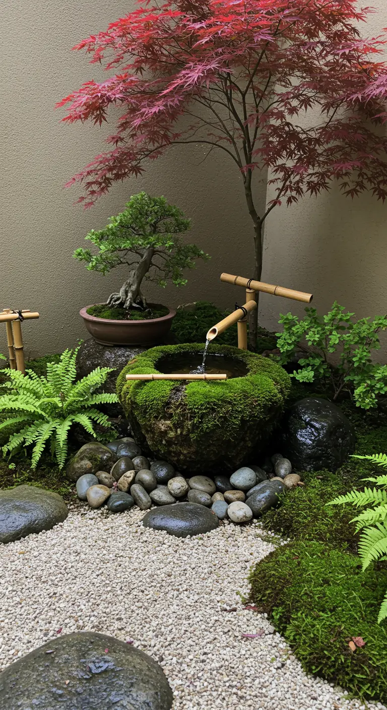 Mini-waterval met bamboe en mos in Japanse tuinsetting.