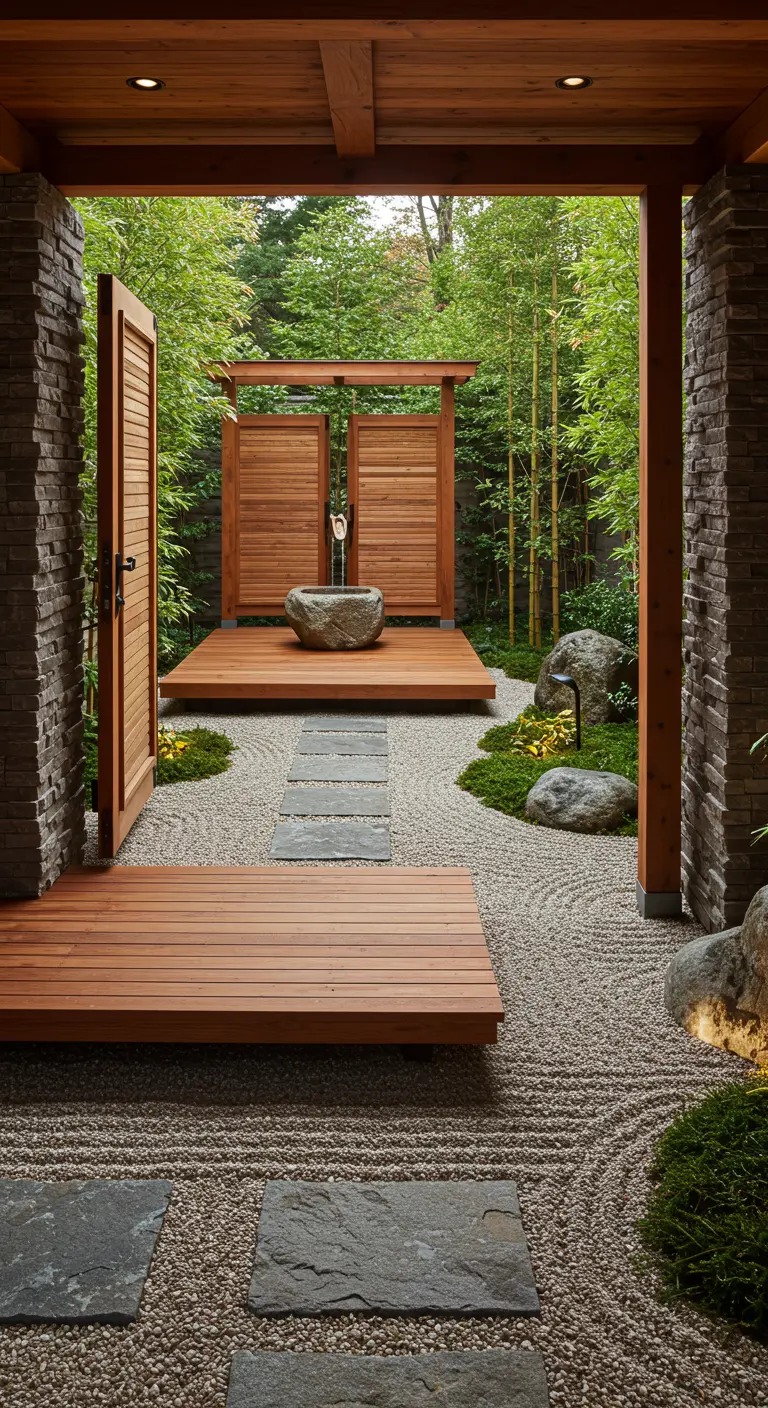 Japanse tuin met houten vlonders, geharkt grind, stapstenen en bamboe.