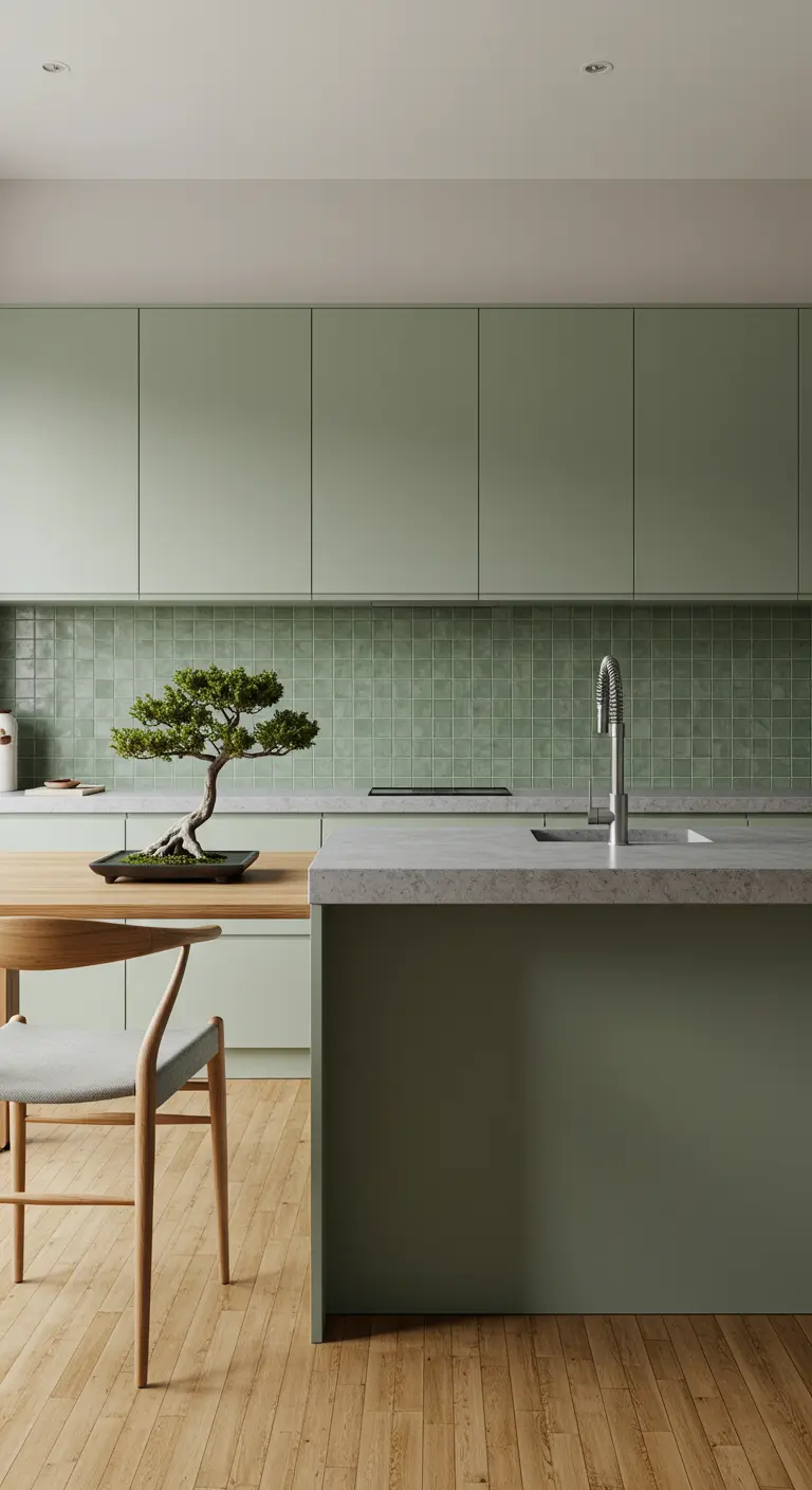 Moderne, minimalistische keuken in saliegroen met bijpassende vierkante tegels en een bonsaiboompje.