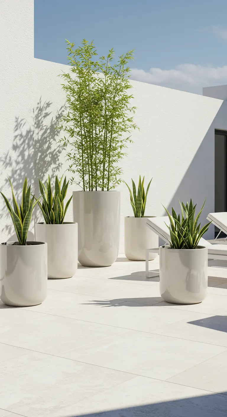 Strak wit terras met hoge, witte potten gevuld met sanseveria's en bamboe, creëert een zen sfeer.
