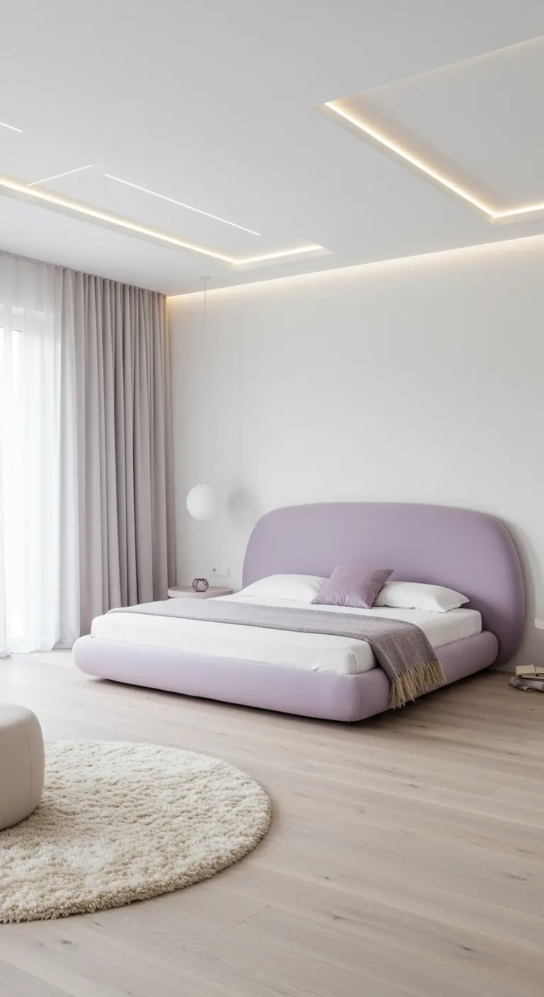 Minimalistische slaapkamer met laag pastelpaars bed, ronde witte vloerkleed, en indirecte plafondverlichting.