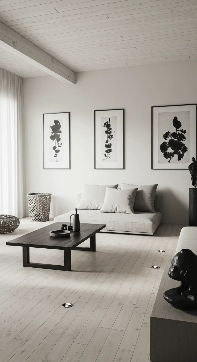 Japandi-stijl woonkamer met lichte houten vloer, lage witte bank en zwarte abstracte kunst.