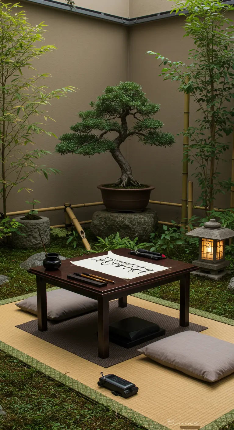 Serene Japanse tuinsetting met lage tafel voor kalligrafie, bonsaiboom en stenen lantaarn.