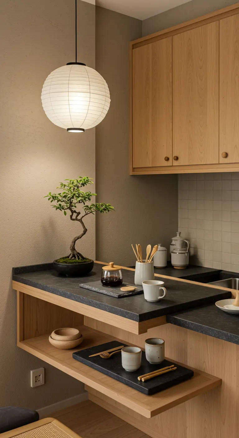 Japandi koffiecorner met houten elementen, bonsaiboompje en minimalistisch servies.
