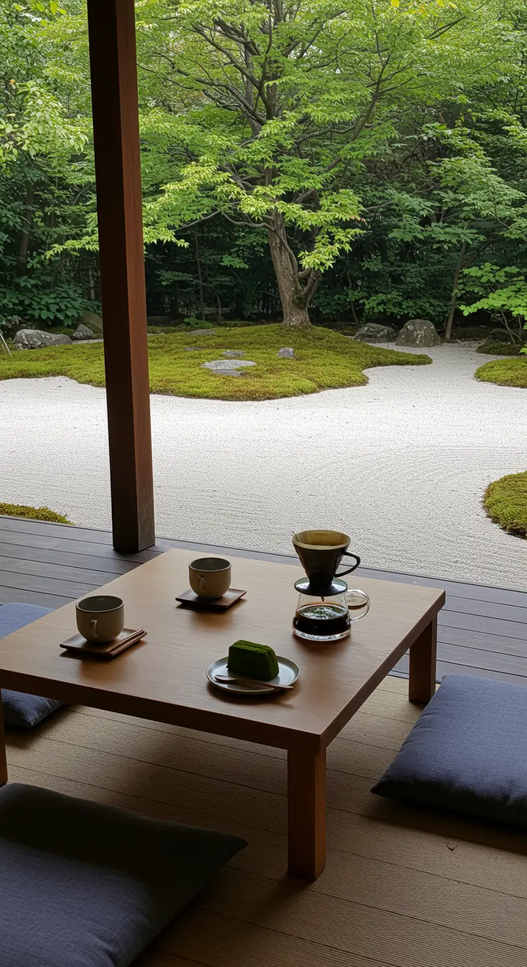 Zen Japanse tuinsetting met lage tafel, filterkoffie en matcha cake.
