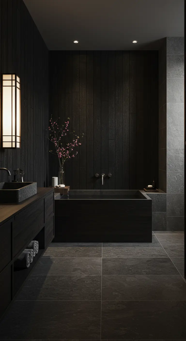 Donkere badkamer in Japandi-stijl met houten wanden, vierkant bad en bloesemtak.