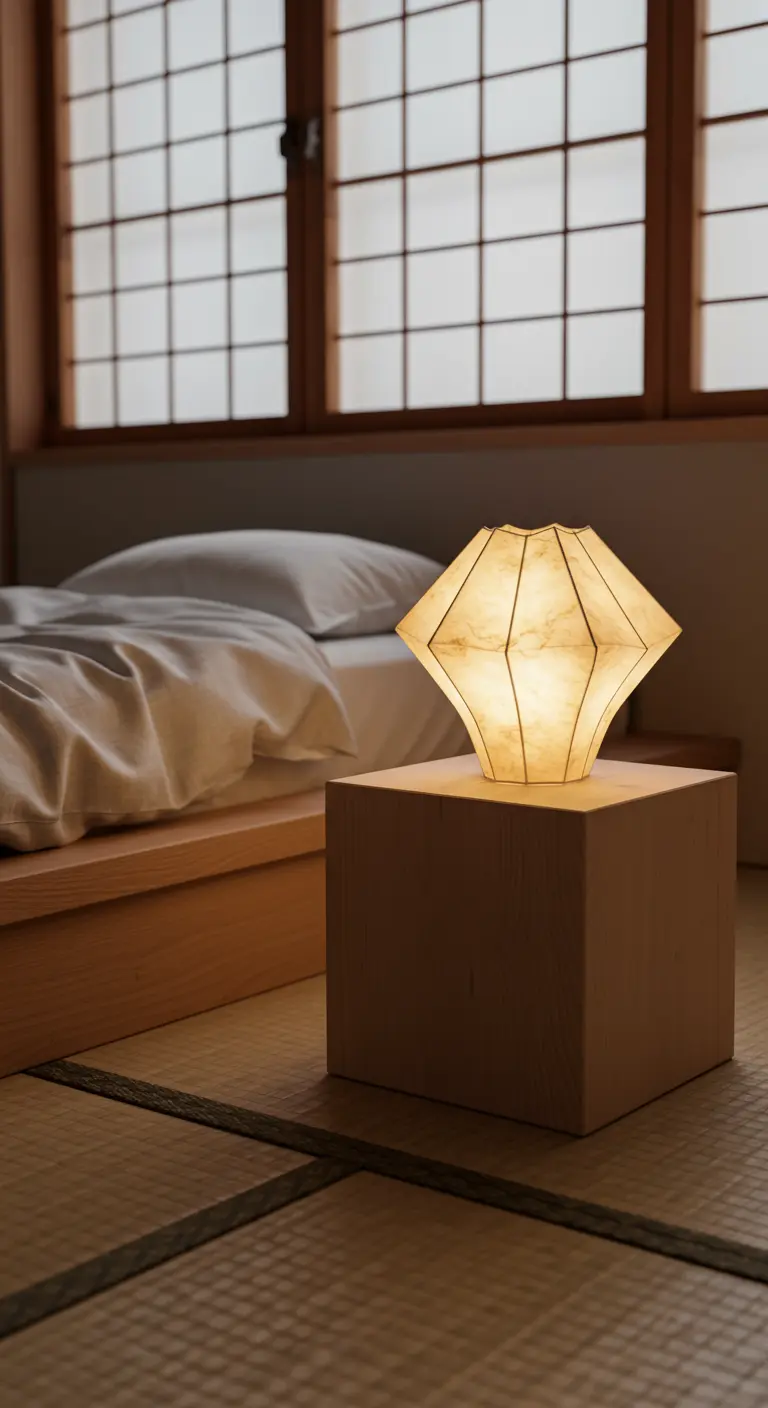 Geometrische papieren lantaarn op een houten blok in een minimalistische slaapkamer met Japanse invloeden.