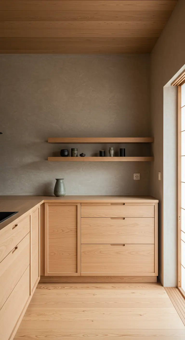 Minimalistische keuken in Japandi-stijl met lichte houten kasten en twee open planken.