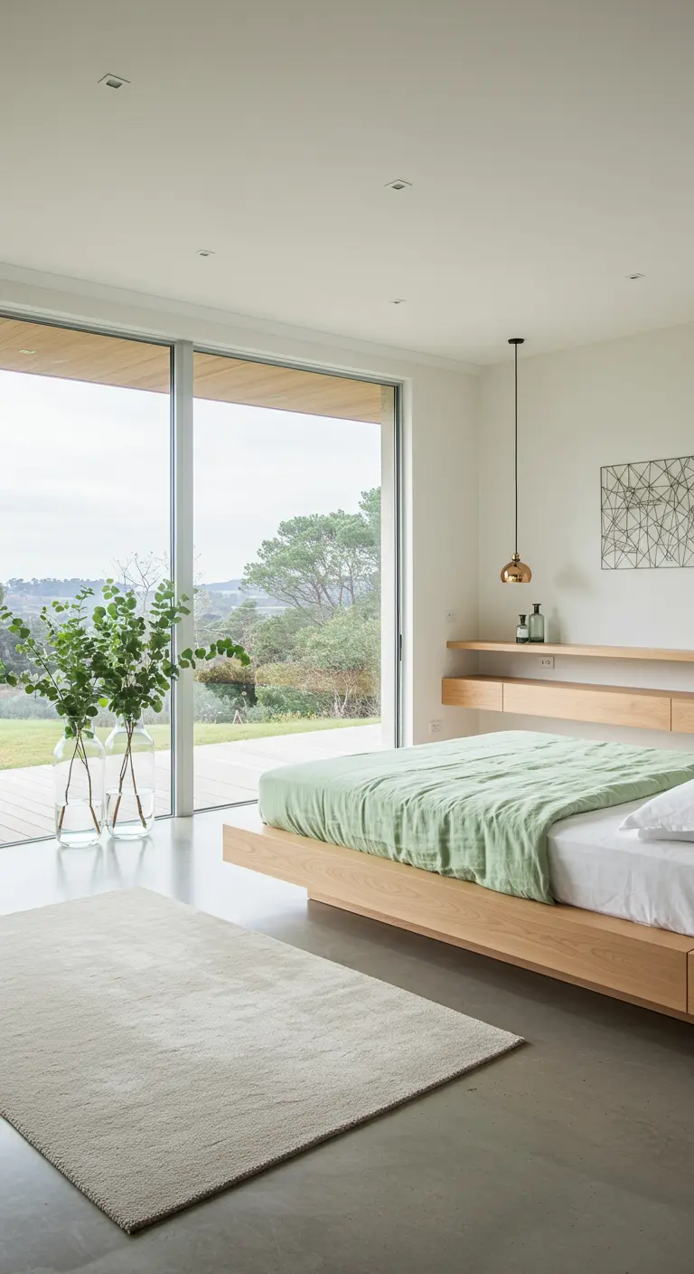 Minimalistische slaapkamer met grote ramen, houten platformbed, lichtgroene sprei, eucalyptus takken in vaas.