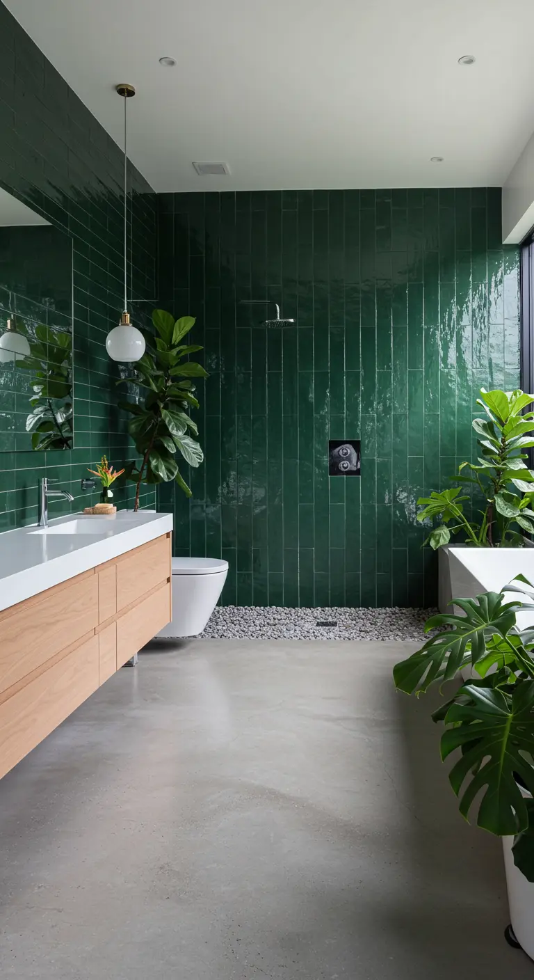 Moderne badkamer met glanzende groene verticale tegels, houten meubel en betonvloer.