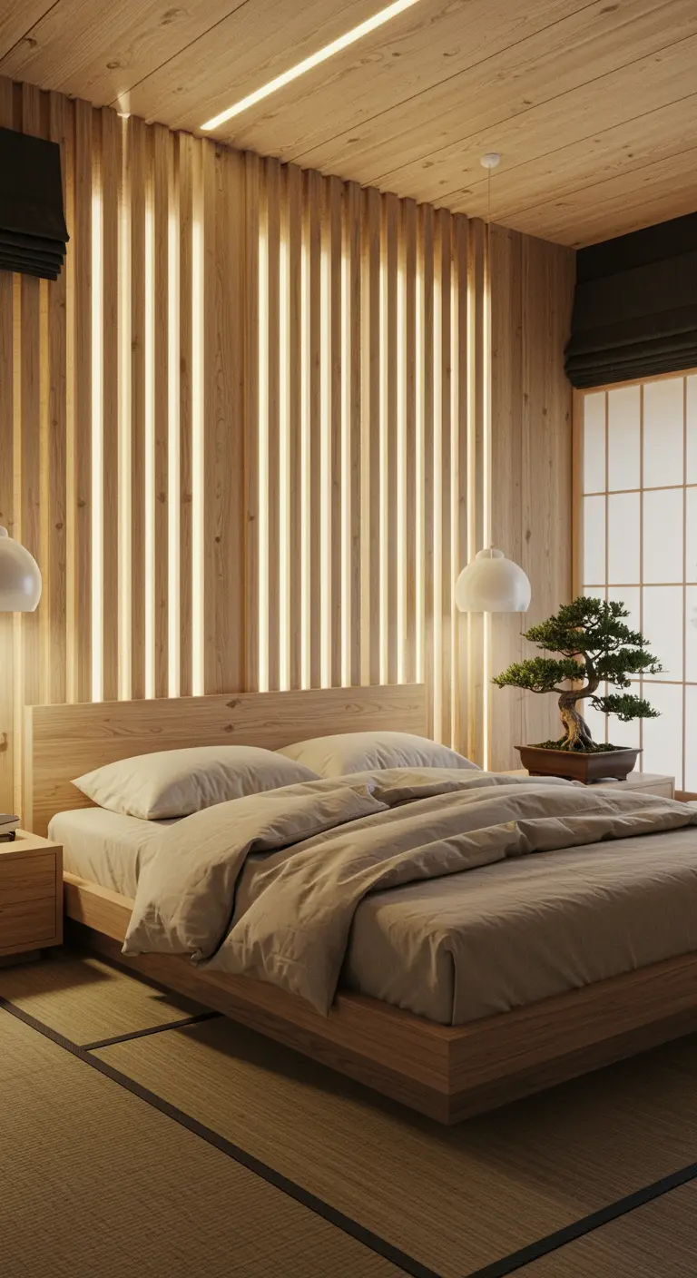 Japandi slaapkamer met houten lattenwand en verticale LED-strips voor een serene sfeer.