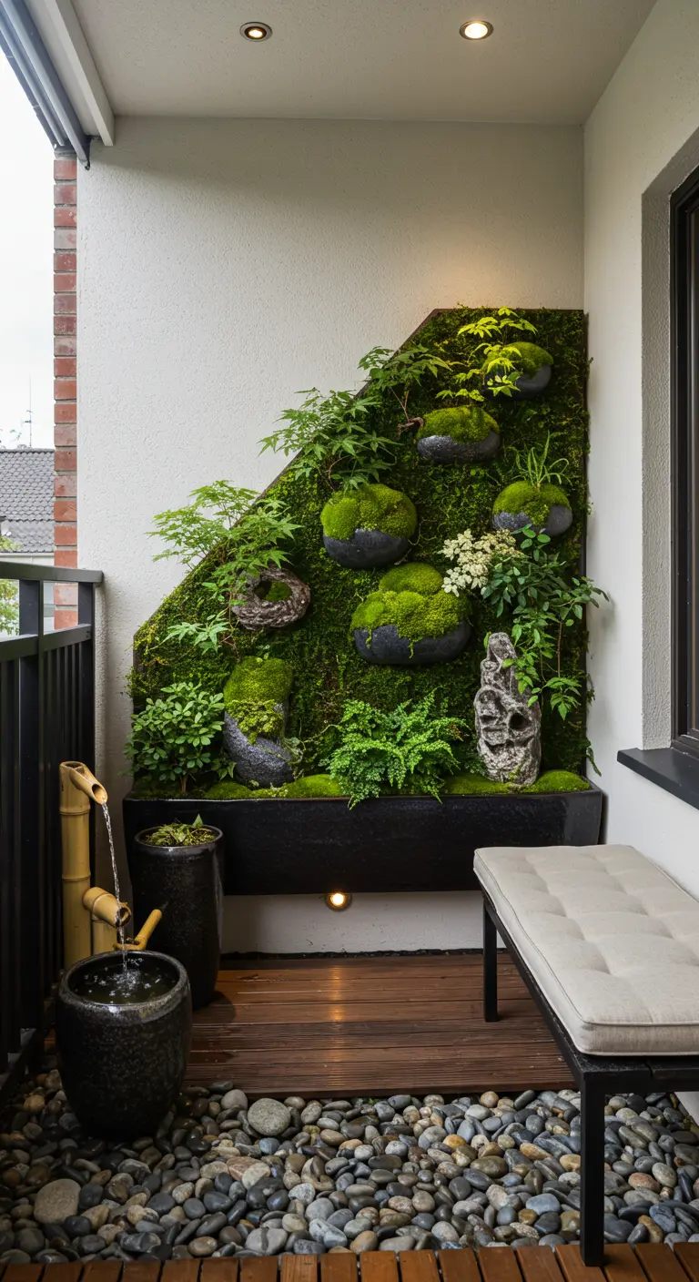 Zen balkon met asymmetrische moswand, kokedama, bamboe waterpartij en kiezelvloer.