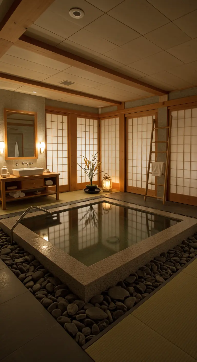 Japanse stijl badkamer met shoji schermen, verzonken bad en zachte, diffuse verlichting.