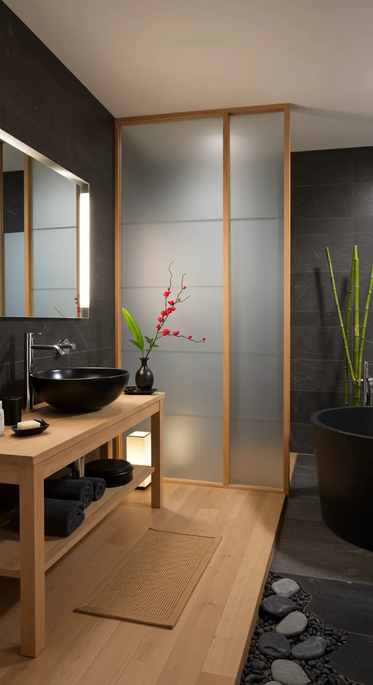 Japandi badkamer met zwarte waskom en bad, houten elementen en kiezelstenen.