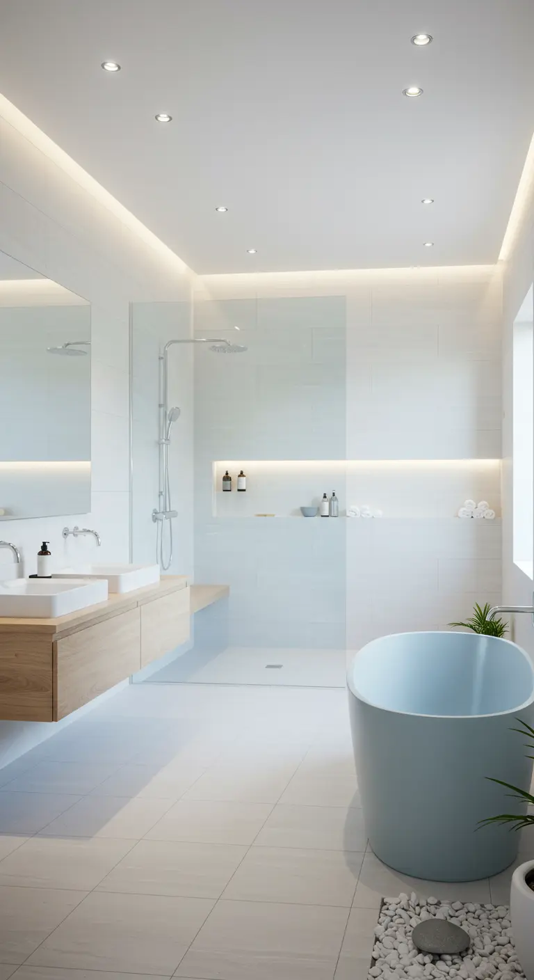 Minimalistische badkamer met lichtblauwe badkuip, zwevende houten wastafel en indirecte verlichting.