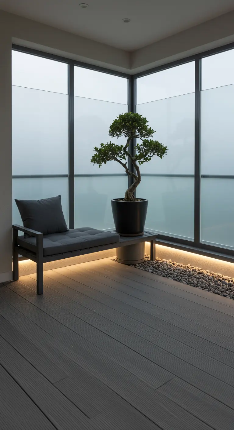 Minimalistisch balkon met houten vlonder, grijze bank, bonsai en LED-strip verlichting.