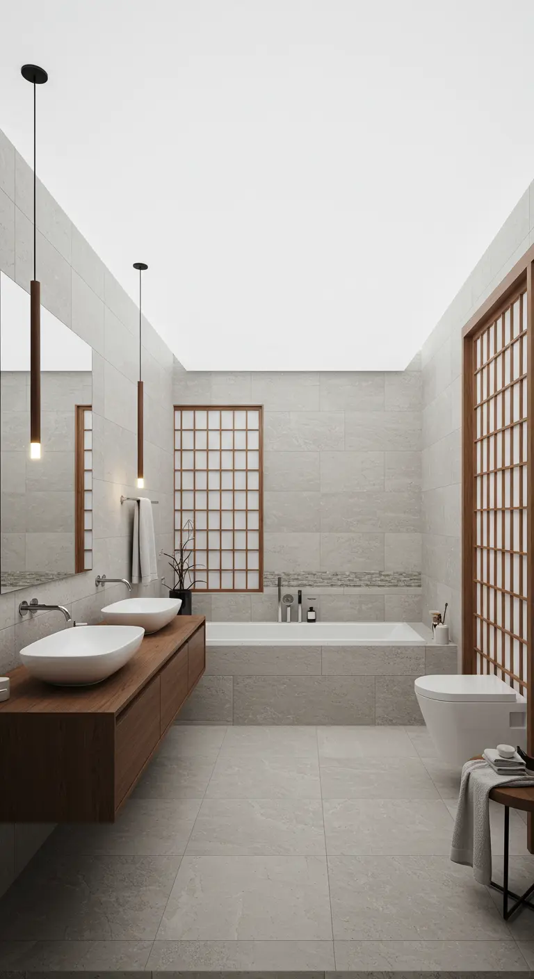 Minimalistische badkamer in Japandi-stijl met strakke pendellampen boven dubbele wastafels en houten schermen.