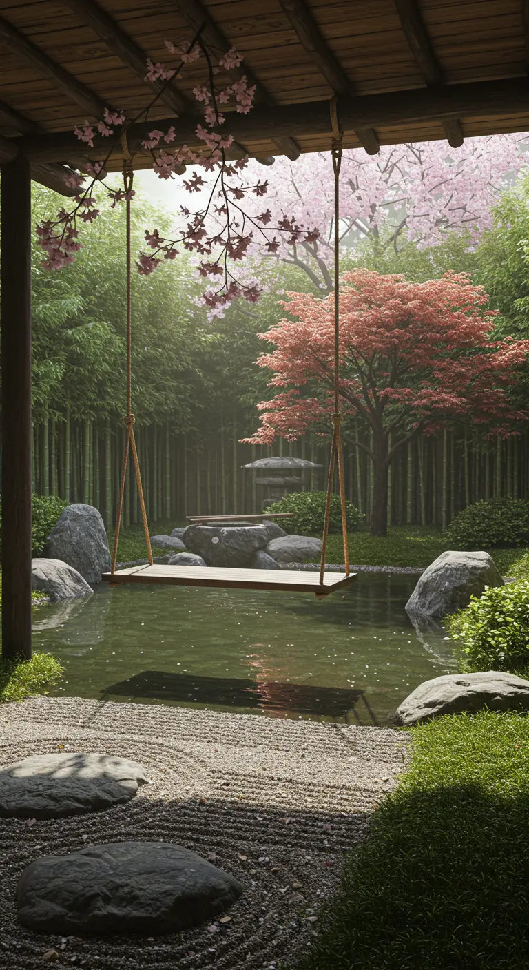 Houten schommel boven een vijver in een Japanse tuin met bamboebos en bloesembomen.