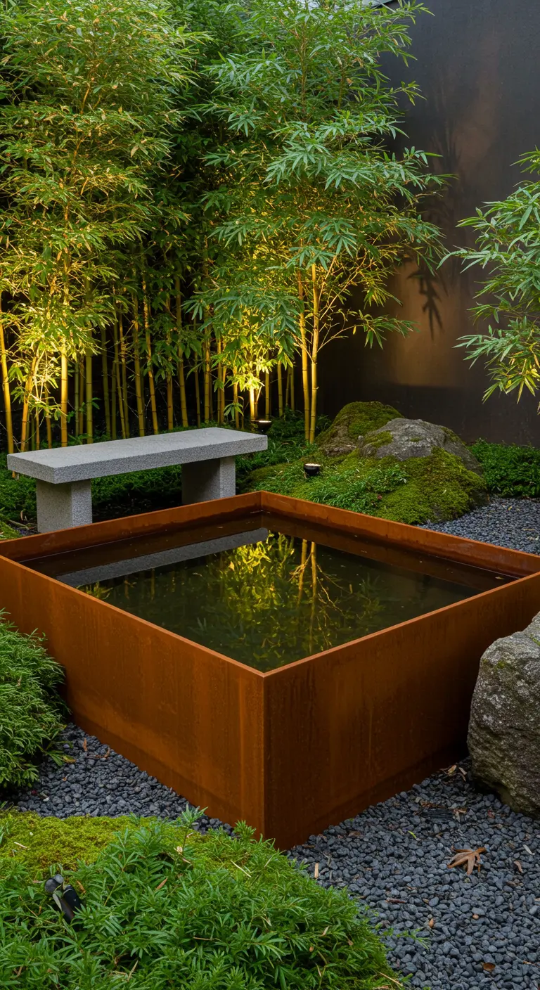 Japanse tuin met vierkante cortenstalen vijver, bamboe, mos en stenen bank.