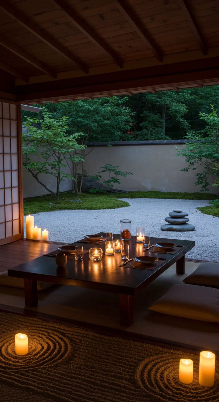 Japanse tuinsetting met lage tafel, kaarsen en zentuin.