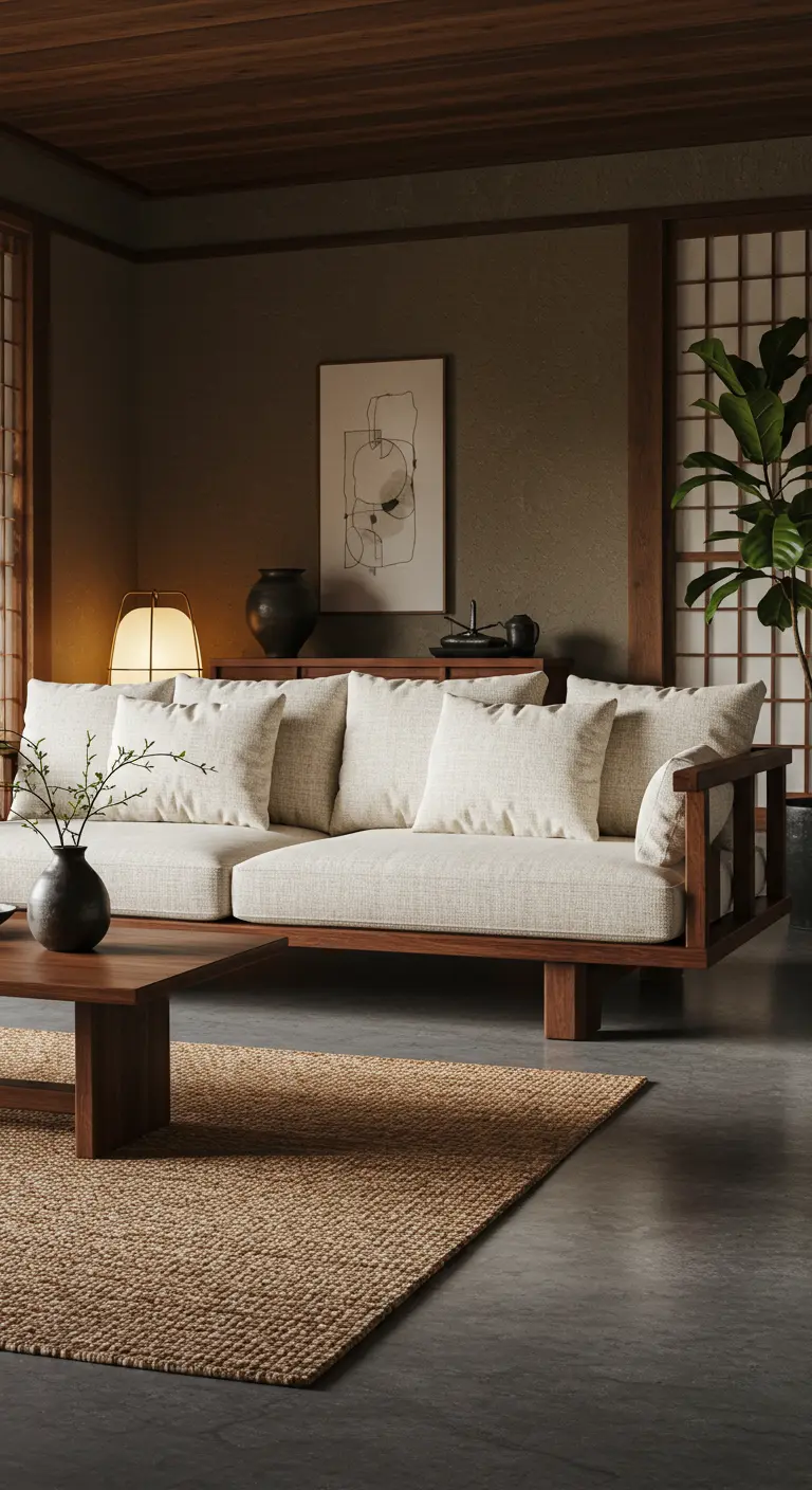 Donkere Japandi woonkamer met lichte bank, houten details en een sisal vloerkleed.