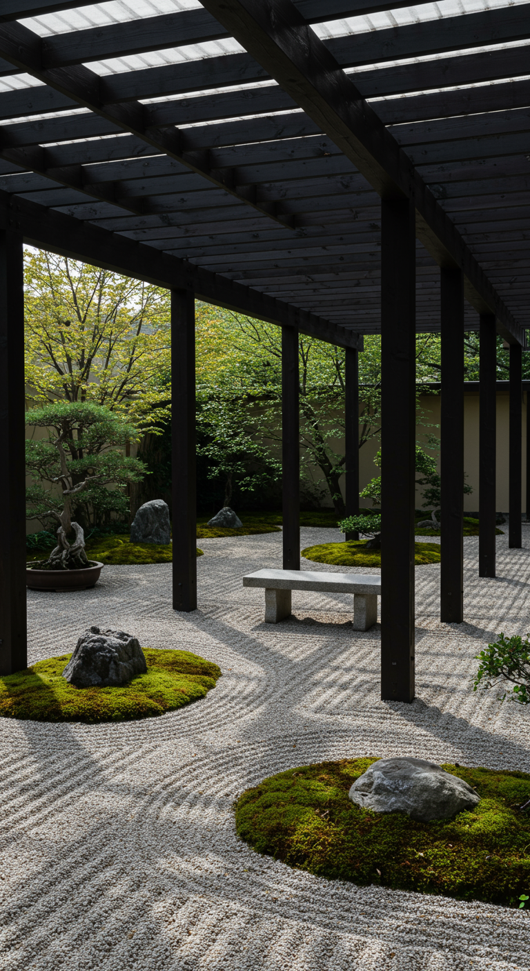 Donkere houten pergola in een Japanse zentuin met grind, mos en stenen.