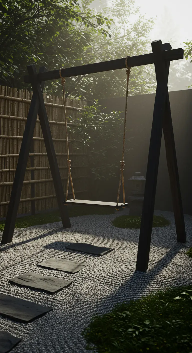 Eenvoudige houten schommel in een serene Japanse tuin met grind en bamboe.