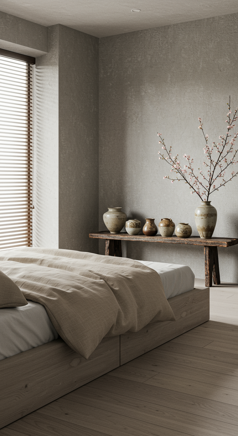 Minimalistische slaapkamer met lage houten bank en keramieken vazen.