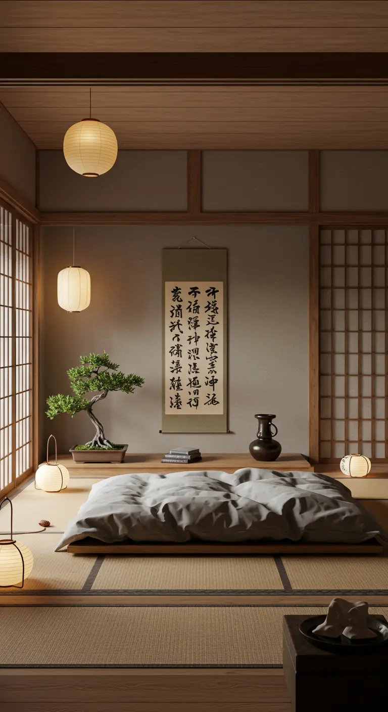 Japanse kalligrafierol en bonsai boven laag bed op tatami matten.