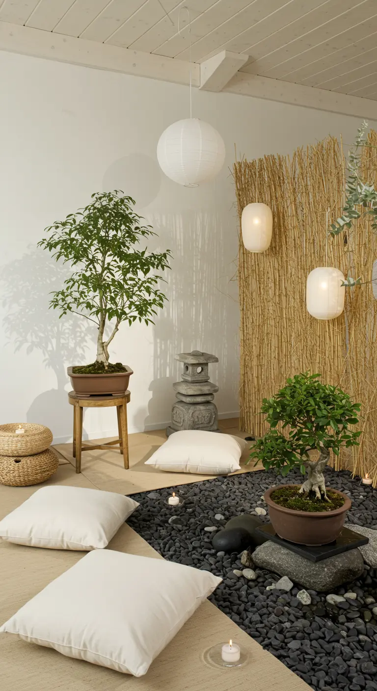 Zen-ruimte met bonsaibomen, zitkussens op de vloer, papieren lampionnen en een bamboescherm.