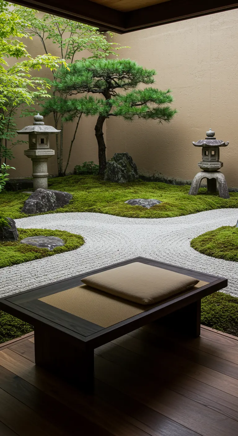 Lage Japanse bank in zentuin met een enkel kussen.
