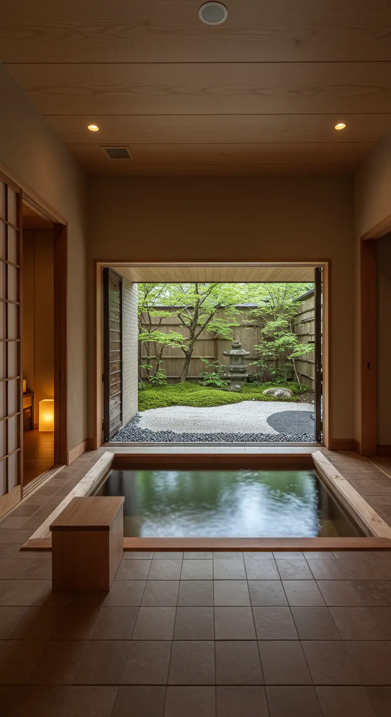 Japanse badkamer met verzonken bad en uitzicht op een zen-tuin via een groot raam.