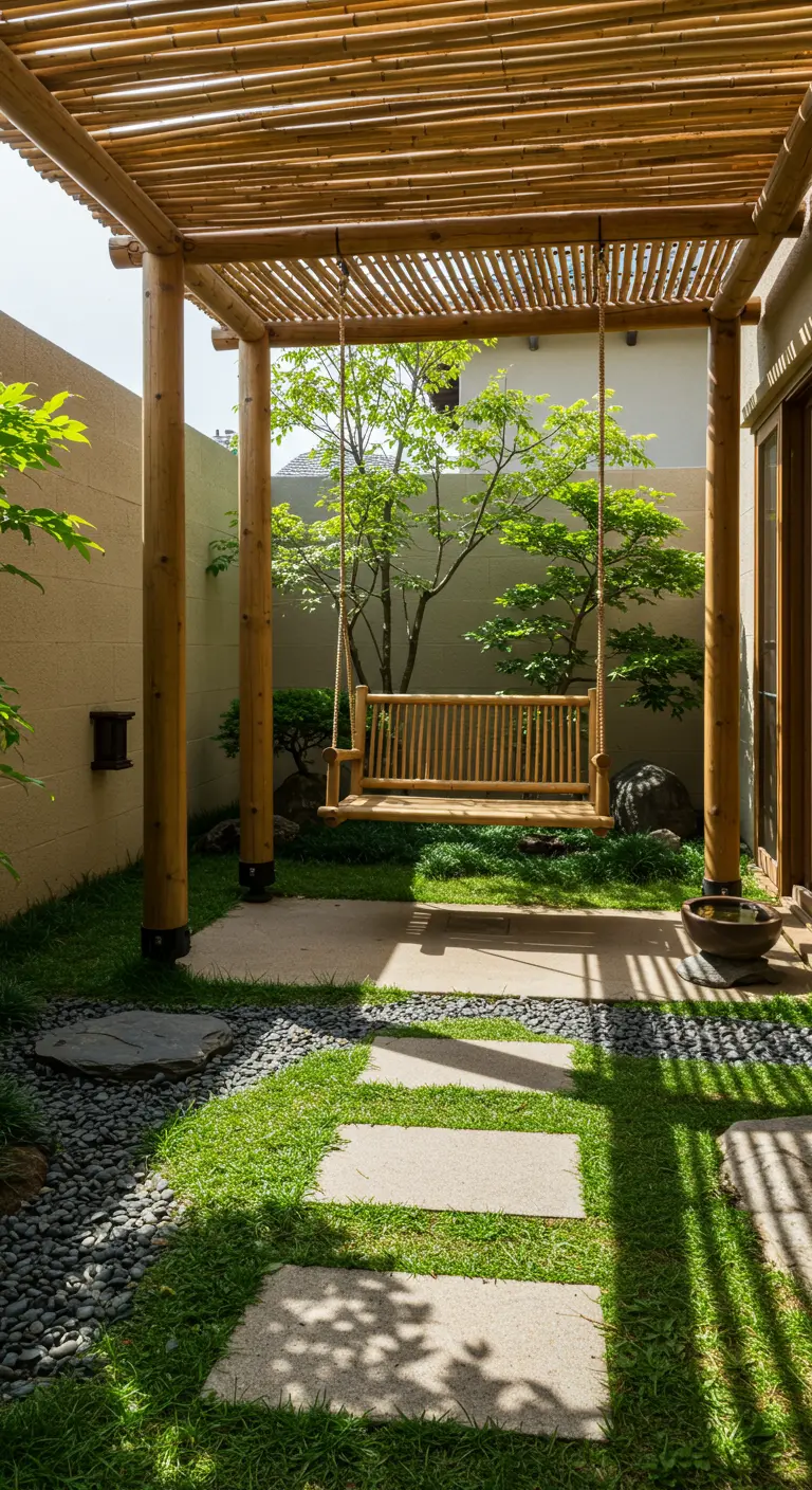 Bamboe schommelbank onder bamboe pergola in een serene, groene tuin met Japanse invloeden.