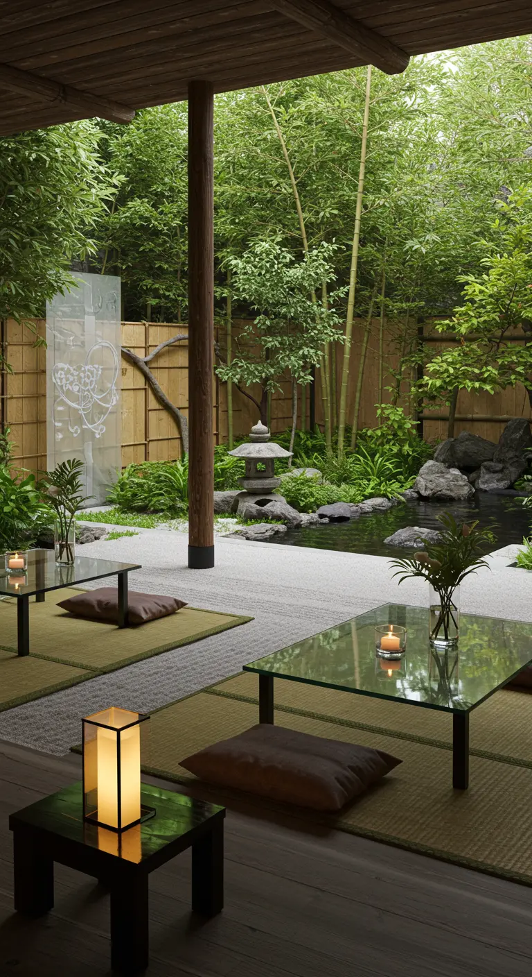 Rustige setting met lage glazen tafels en kussens op tatami matten in een Japanse tuin.