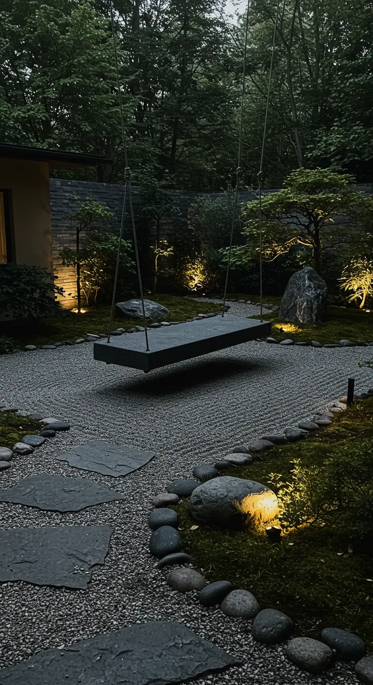 Minimalistische zwarte schommelplank in een Japanse tuin met grind en sfeerverlichting.