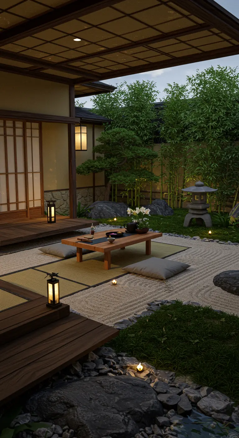 Japanse zentuin 's avonds met lage tafel, kussens, lantaarns en geharkt grind.