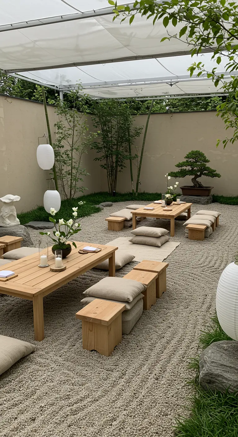 Serene Japanse tuinsetting met lage tafels en kussens.
