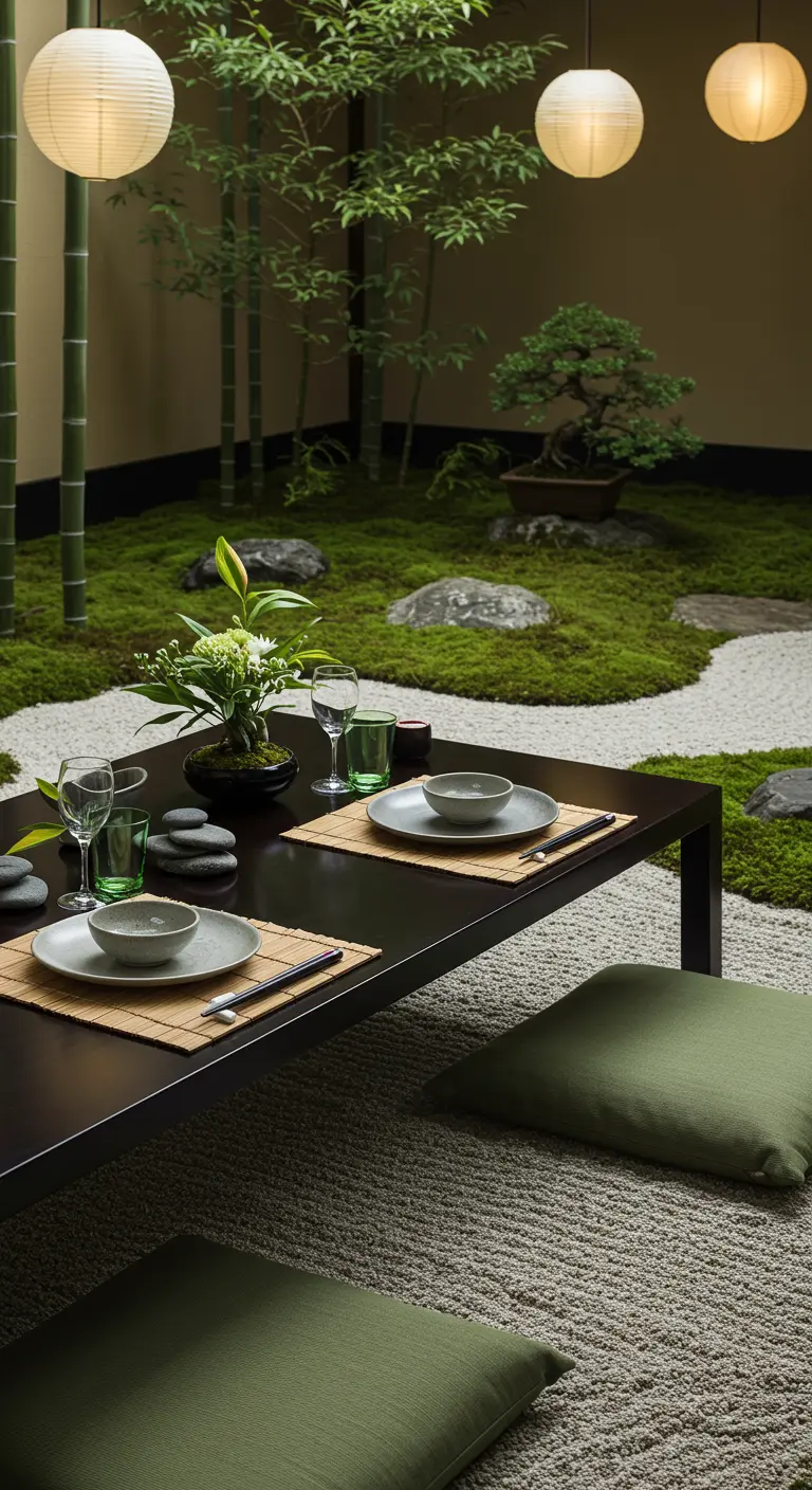 Japanse zentuin tafelsetting met lage tafel, mos, stenen en lampionnen.