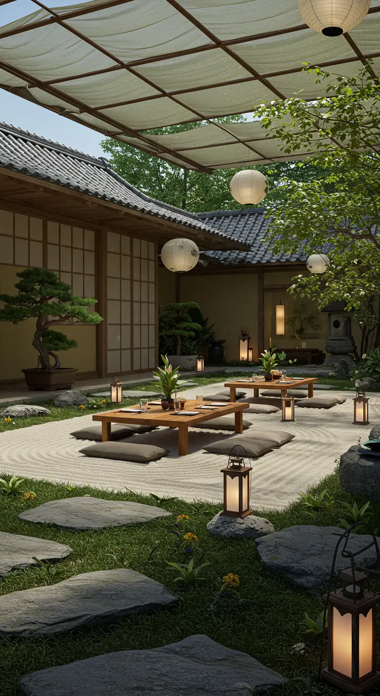 Japanse tuinsetting met lage tafels, kussens, lantaarns en een bonsai boom.