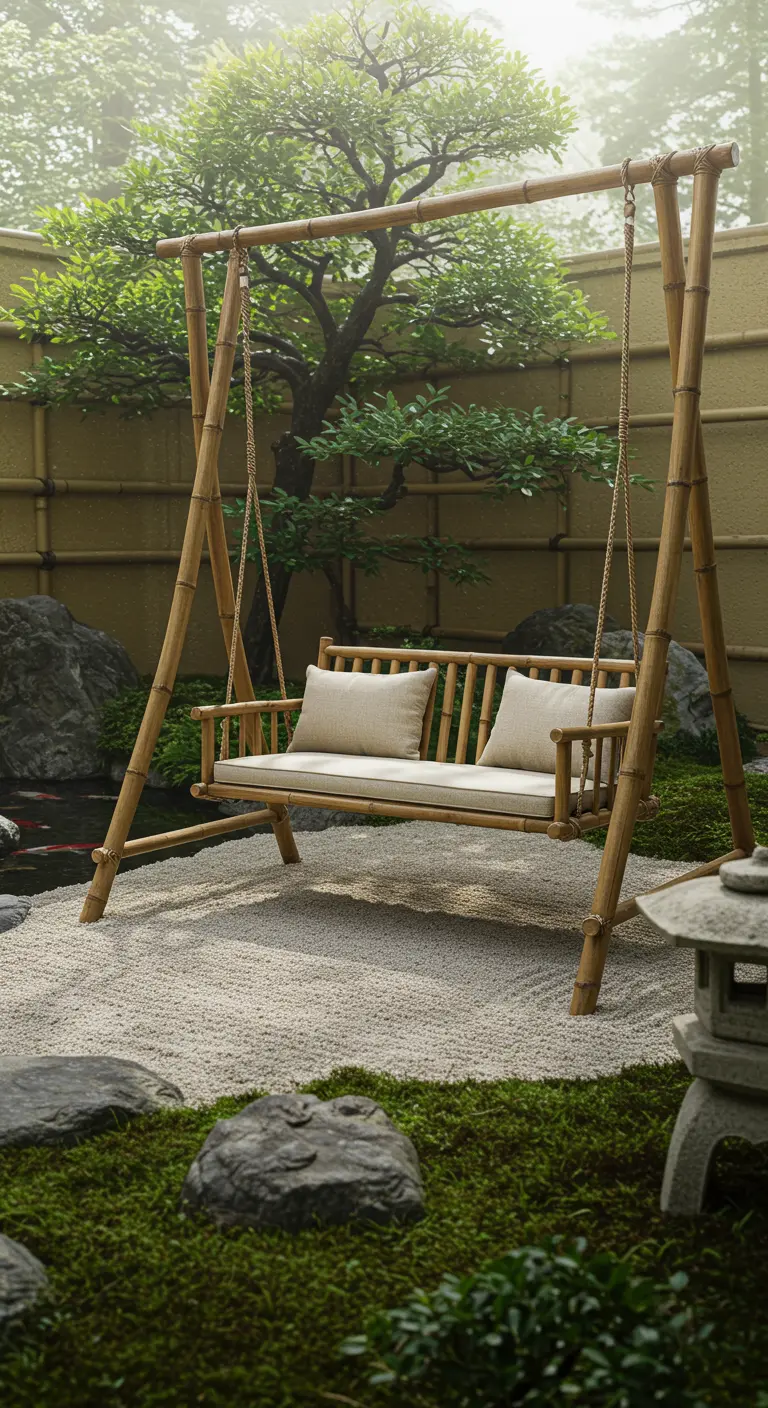 Bamboe schommelbank met lichte kussens in een minimalistische Japanse zentuin.