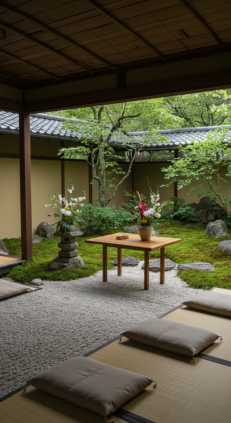 Minimalistische Japanse tuinsetting met lage tafel, kussens en ikebana bloemstuk.