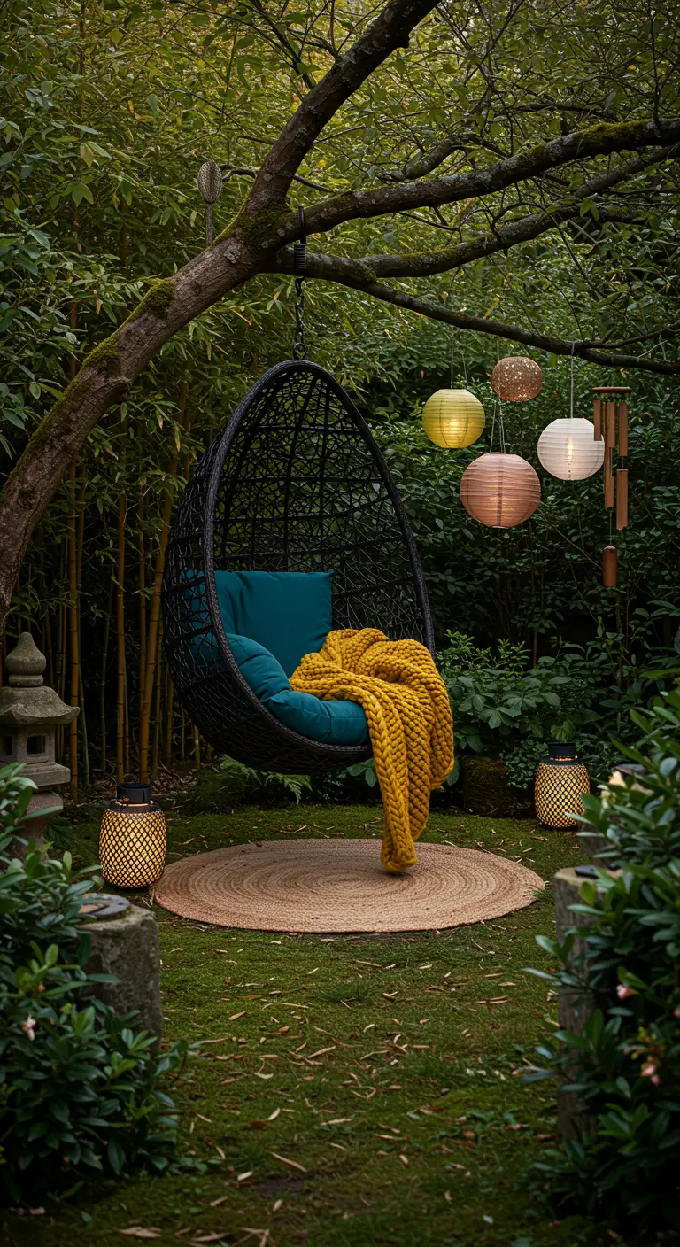 Zwarte eivormige hangstoel in tuin met bamboe, lampionnen, en oosterse decoratie.