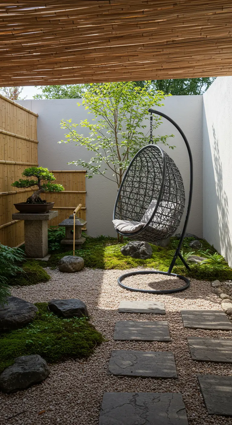 Zwarte eivormige hangstoel in een minimalistische Japanse tuin met grind en bonsai.