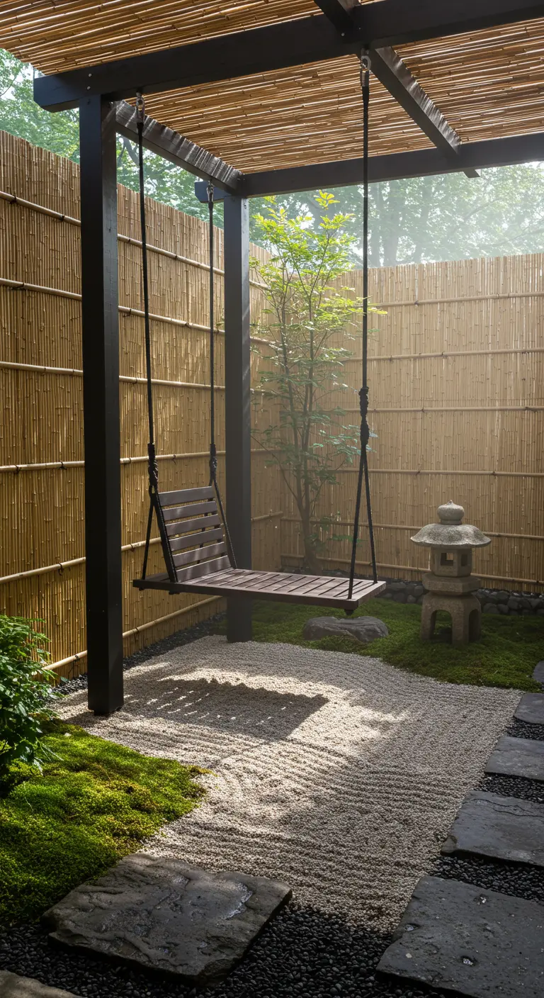 Houten schommelbank onder bamboe overkapping in een Japanse tuin met grind en mos.