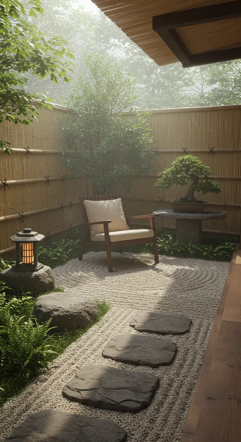 Japanse tuin met grind, bamboe, stenen, bonsai en een houten stoel (inspiratie voor hangstoel).