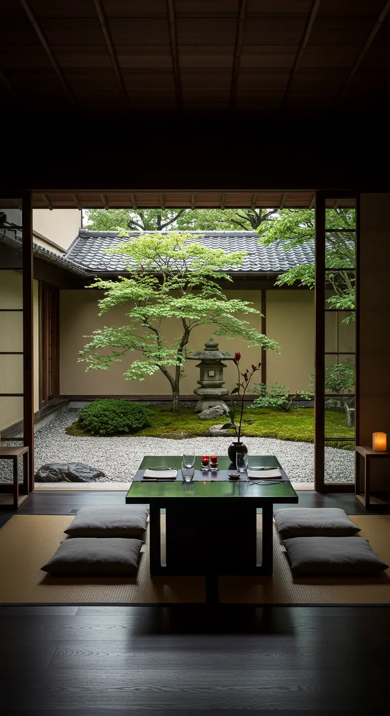 Minimalistische Japanse ontbijtsetting met lage tafel, kussens en uitzicht op zentuin.