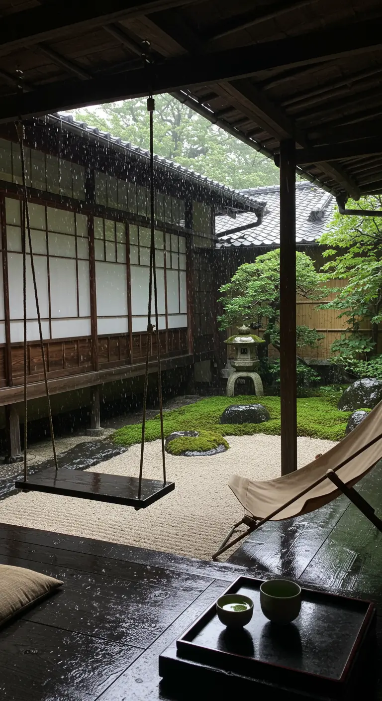 Eenvoudige houten schommelplank in een Japanse tuin met grind en traditionele architectuur.