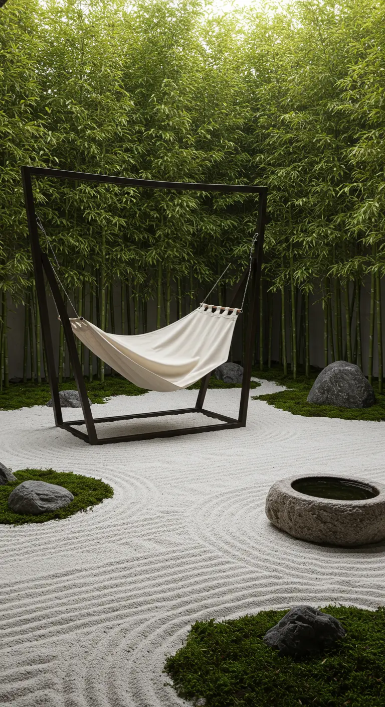 Canvas hangmat in een donker metalen frame in een Japanse zentuin met bamboe.